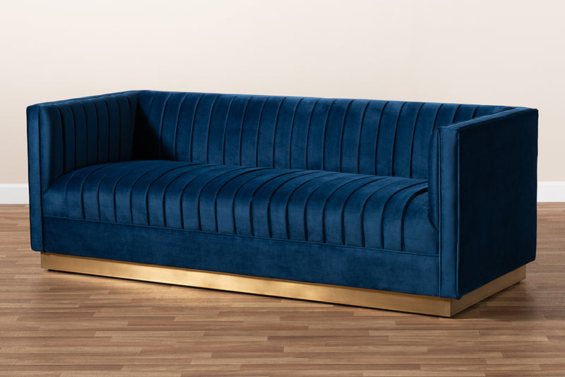 Benicia Glam and Luxe Navy Blue Velvet Fabric Upholstered Brushed Gold Finished Sofa