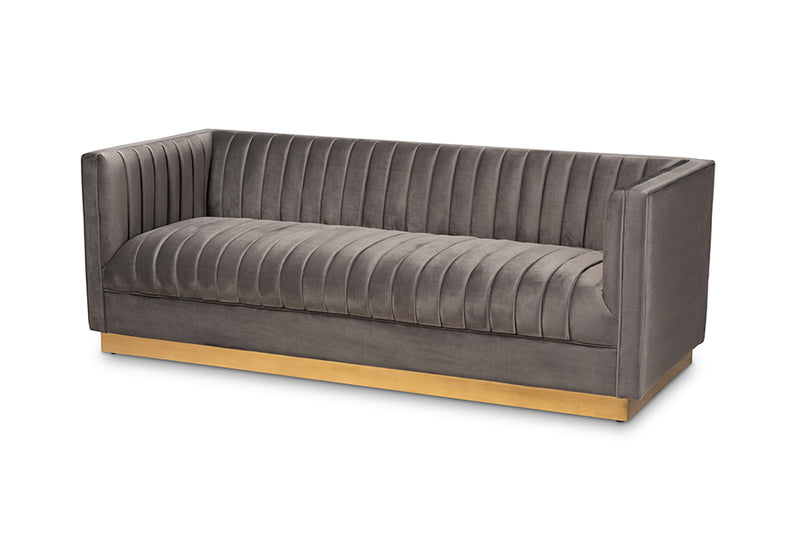 Benicia Glam and Luxe Gray Velvet Fabric Upholstered Brushed Gold Finished Sofa