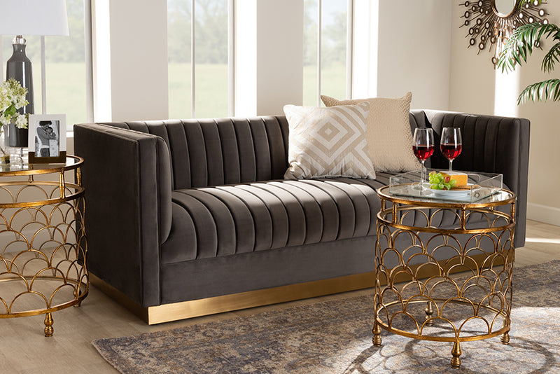 Benicia Glam and Luxe Gray Velvet Fabric Upholstered Brushed Gold Finished Sofa