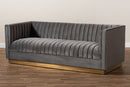 Benicia Gray Velvet Fabric Upholstered Brushed Gold Finished Sofa Baxton
