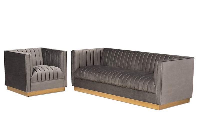 Benicia Glam and Luxe Gray Velvet Fabric Upholstered Brushed Gold Finished 2-Piece Living Room Set