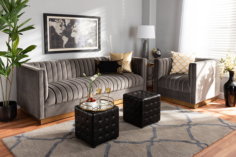 Benicia Glam and Luxe Gray Velvet Fabric Upholstered Brushed Gold Finished 2-Piece Living Room Set