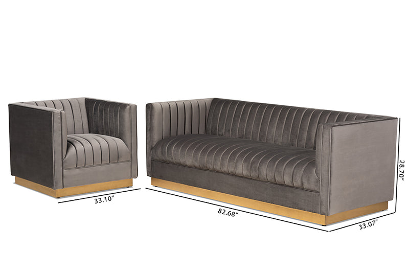 Benicia Glam and Luxe Gray Velvet Fabric Upholstered Brushed Gold Finished 2-Piece Living Room Set