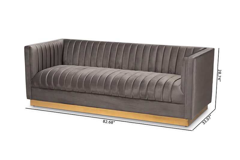 Benicia Glam and Luxe Gray Velvet Fabric Upholstered Brushed Gold Finished Sofa