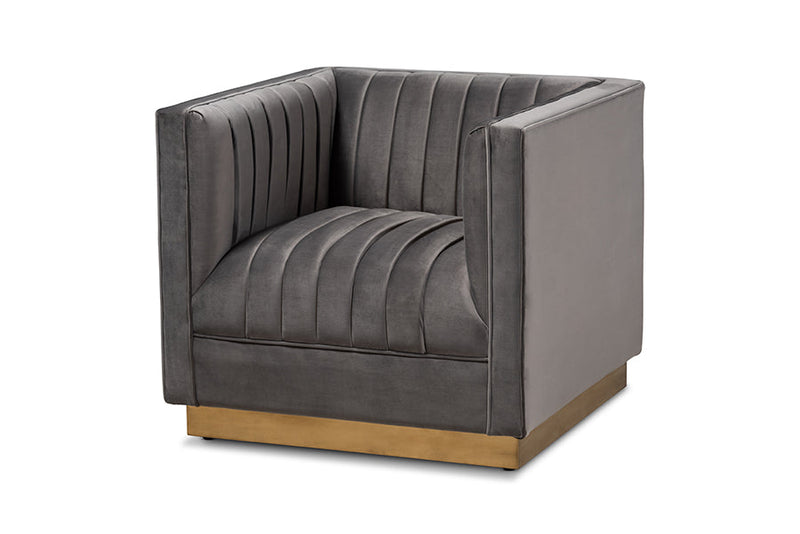 Benicia Gray Velvet Fabric Upholstered Brushed Gold Finished Armchair Baxton