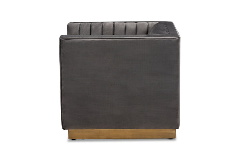Benicia Gray Velvet Fabric Upholstered Brushed Gold Finished Armchair Baxton