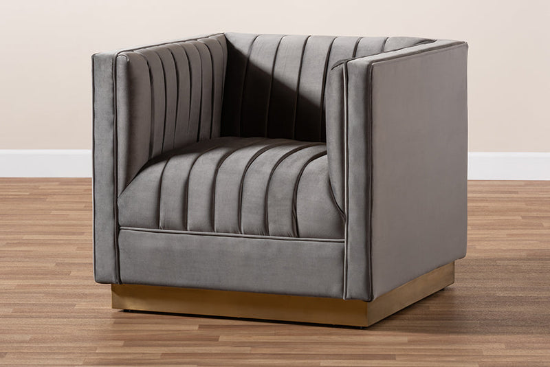 Benicia Gray Velvet Fabric Upholstered Brushed Gold Finished Armchair Baxton