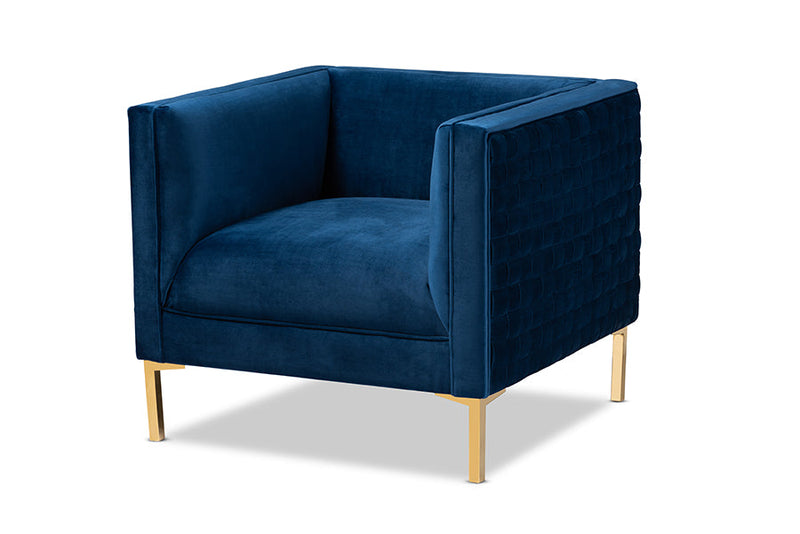 Arne Navy Blue Velvet Fabric Upholstered Gold Finished Armchair Baxton