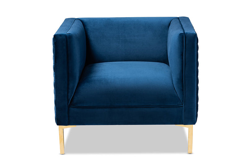 Arne Navy Blue Velvet Fabric Upholstered Gold Finished Armchair Baxton