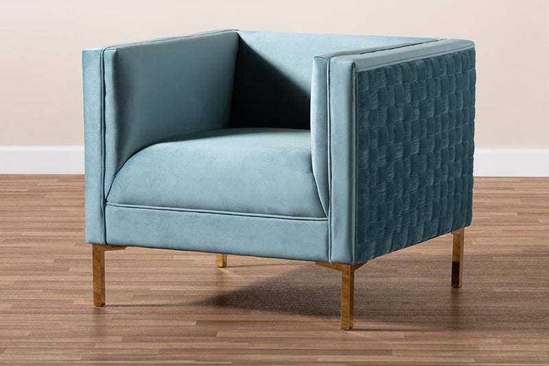 Arne Light Blue Velvet Fabric Upholstered Gold Finished Armchair Baxton
