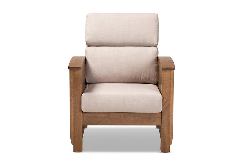 Cantu Mission Style Taupe Fabric Walnut Brown 1-Seater Lounge Chair Baxton