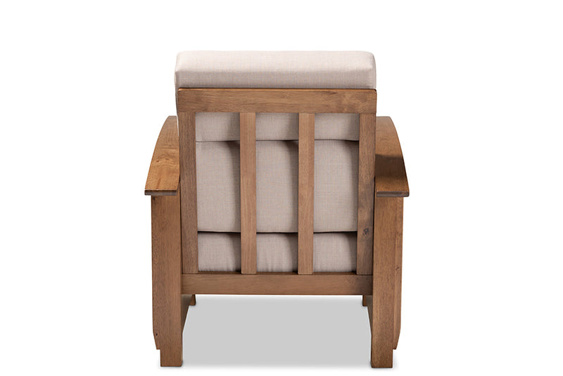 Cantu Mission Style Taupe Fabric Walnut Brown 1-Seater Lounge Chair Baxton