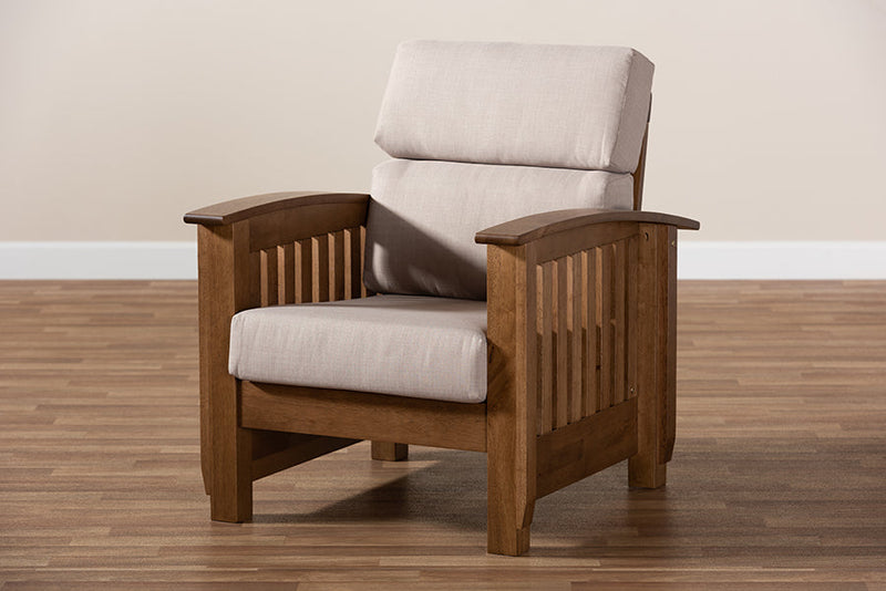 Cantu Mission Style Taupe Fabric Walnut Brown 1-Seater Lounge Chair Baxton