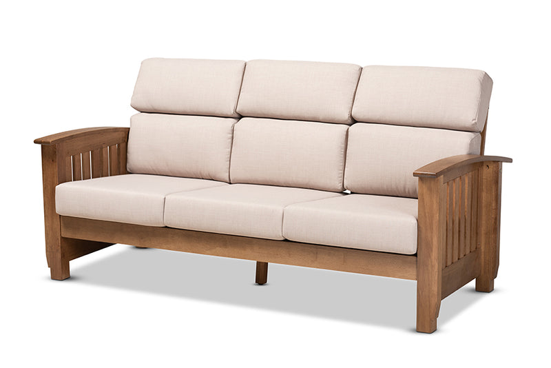 Cantu Modern Classic Mission Style Taupe Fabric Upholstered Walnut Brown Finished Wood 3-Seater Sofa