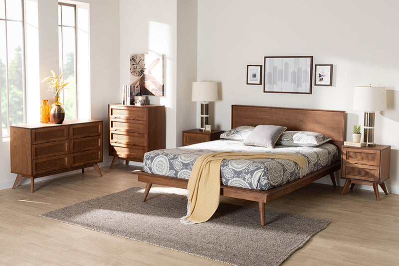 Bistra Mid-Century Modern Walnut Brown Finished Wood and Rattan King Size 5-Piece Bedroom Set