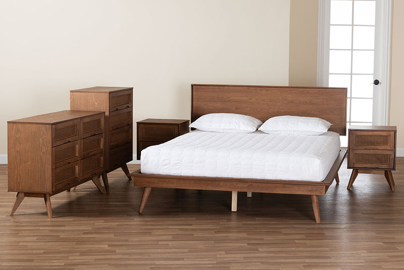 Bistra Mid-Century Modern Walnut Brown Finished Wood and Rattan Full Size 5-Piece Bedroom Set