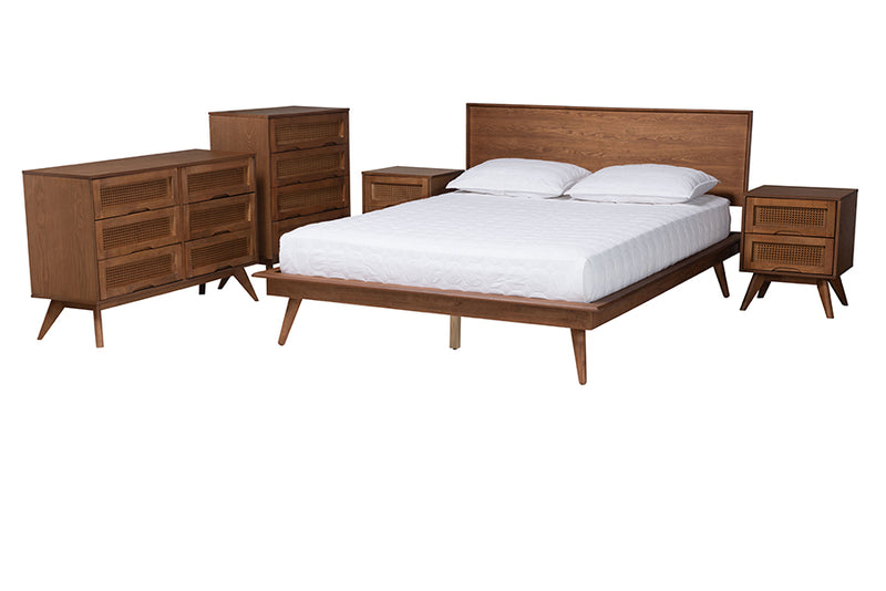 Bistra Mid-Century Modern Walnut Brown Finished Wood and Rattan Full Size 5-Piece Bedroom Set