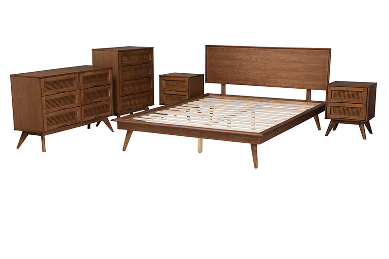 Bistra Mid-Century Modern Walnut Brown Finished Wood and Rattan King Size 5-Piece Bedroom Set