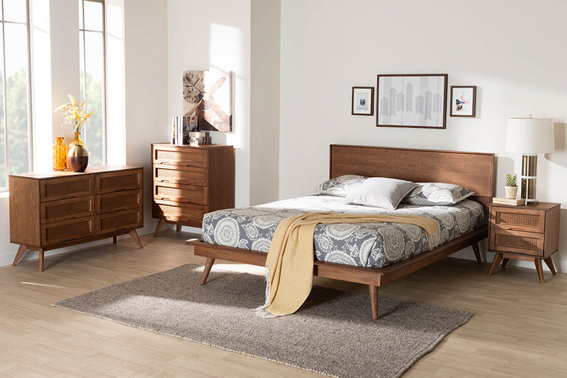Bistra Walnut Brown and Rattan Full Size 4Pc Bedroom Set Baxton