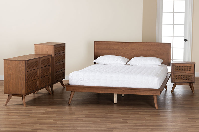 Bistra Mid-Century Modern Walnut Brown Finished Wood and Rattan Full Size 4-Piece Bedroom Set