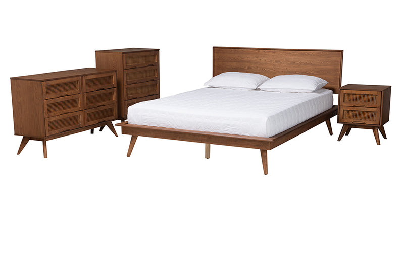 Bistra Mid-Century Modern Walnut Brown Finished Wood and Rattan Full Size 4-Piece Bedroom Set