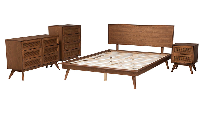 Bistra Mid-Century Modern Walnut Brown Finished Wood and Rattan King Size 4-Piece Bedroom Set