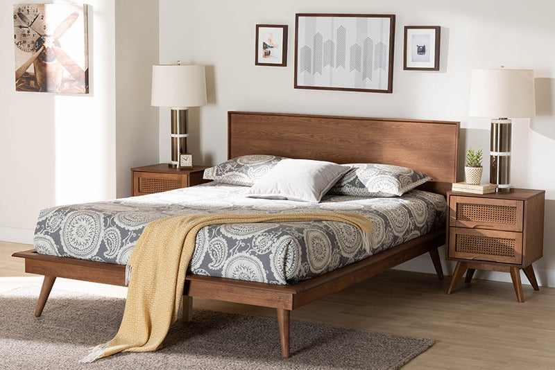 Bistra Walnut Brown and Rattan Queen Size 3-Piece Bedroom Set Baxton