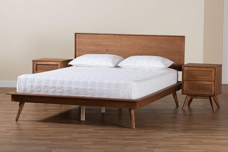 Bistra Mid-Century Modern Walnut Brown Finished Wood and Rattan King Size 3-Piece Bedroom Set