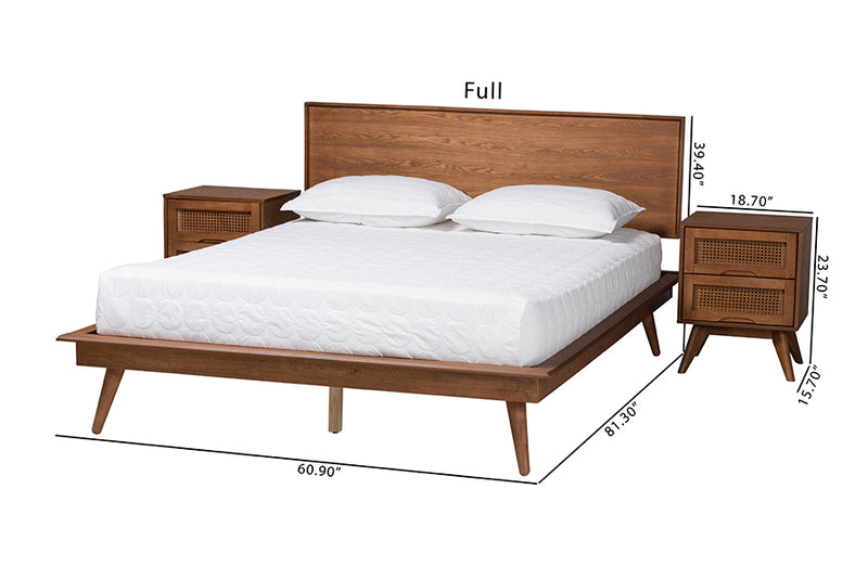 Bistra Mid-Century Modern Walnut Brown Finished Wood and Rattan Full Size 3-Piece Bedroom Set