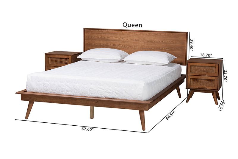 Bistra Mid-Century Modern Walnut Brown Finished Wood and Rattan Queen Size 3-Piece Bedroom Set