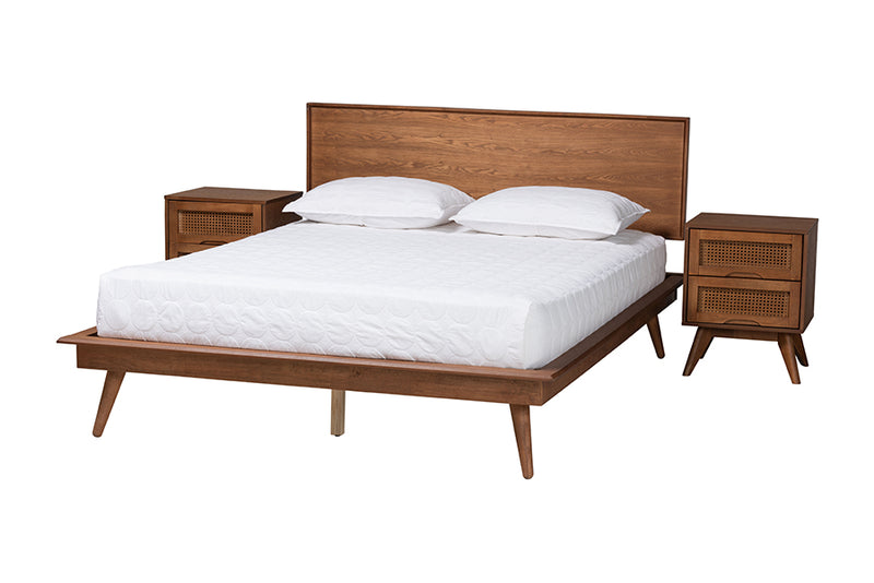 Bistra Mid-Century Modern Walnut Brown Finished Wood and Rattan Queen Size 3-Piece Bedroom Set