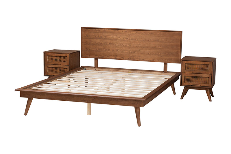 Bistra Mid-Century Modern Walnut Brown Finished Wood and Rattan Queen Size 3-Piece Bedroom Set