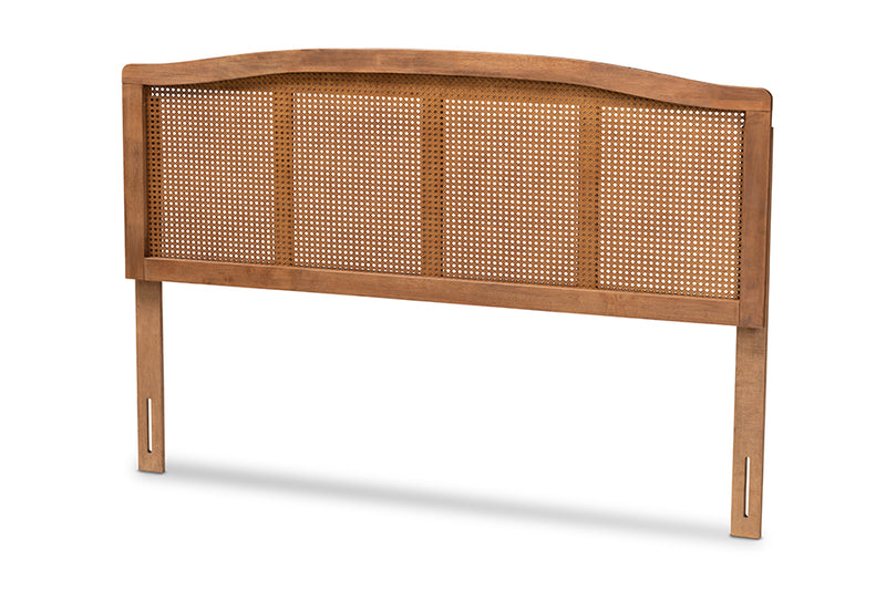 Corinne Mid-Century Modern Ash Wanut Finished Wood and Synthetic Rattan Full Size Headboard