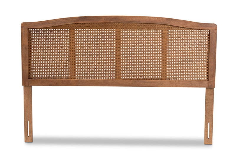 Corinne Mid-Century Modern Ash Wanut Finished Wood and Synthetic Rattan Full Size Headboard