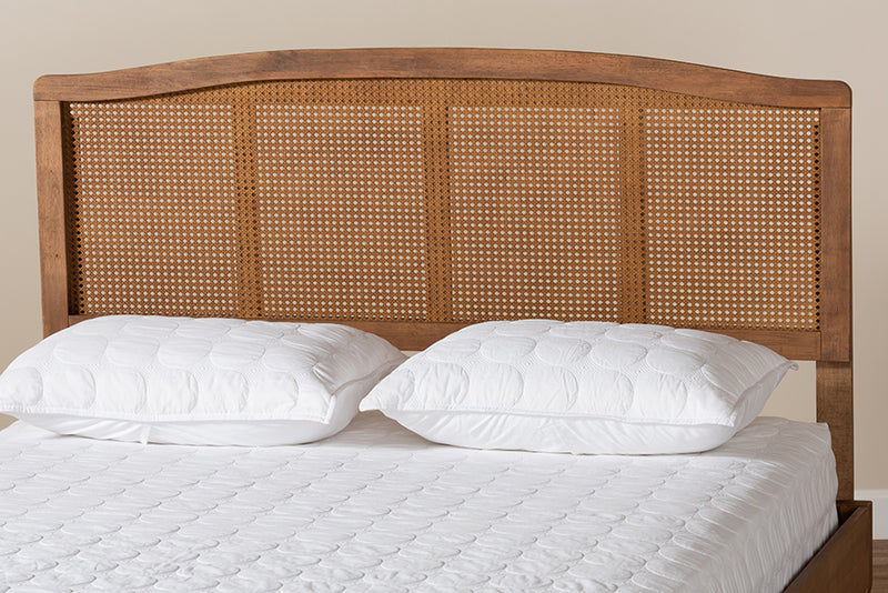 Corinne Mid-Century Modern Ash Wanut Finished Wood and Synthetic Rattan Full Size Headboard