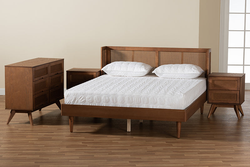 Sedona Mid-Century Modern Ash Walnut Finished Wood 4-Piece Full Size Bedroom Set w/Synthetic Rattan