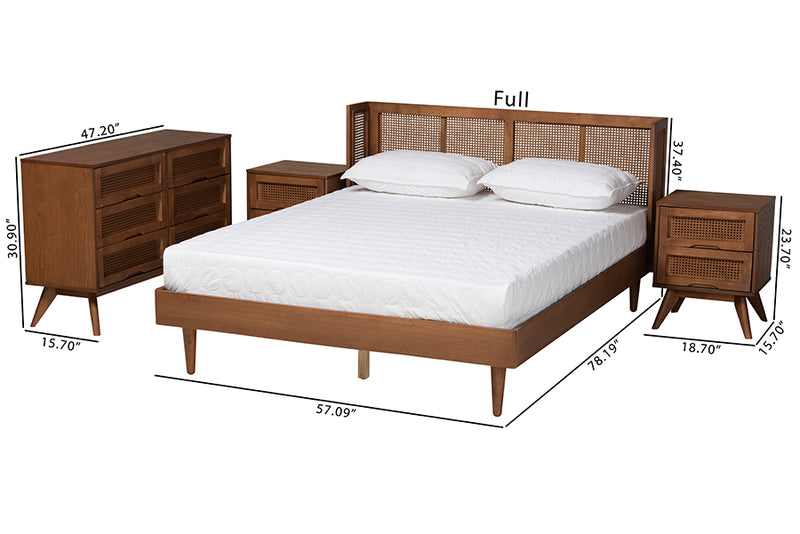 Sedona Mid-Century Modern Ash Walnut Finished Wood 4-Piece Full Size Bedroom Set w/Synthetic Rattan