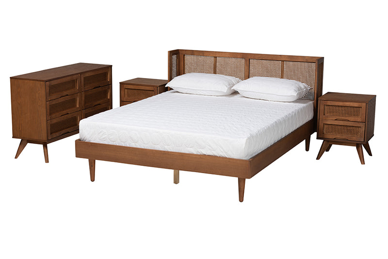 Sedona Mid-Century Modern Ash Walnut Finished Wood 4-Piece Full Size Bedroom Set w/Synthetic Rattan