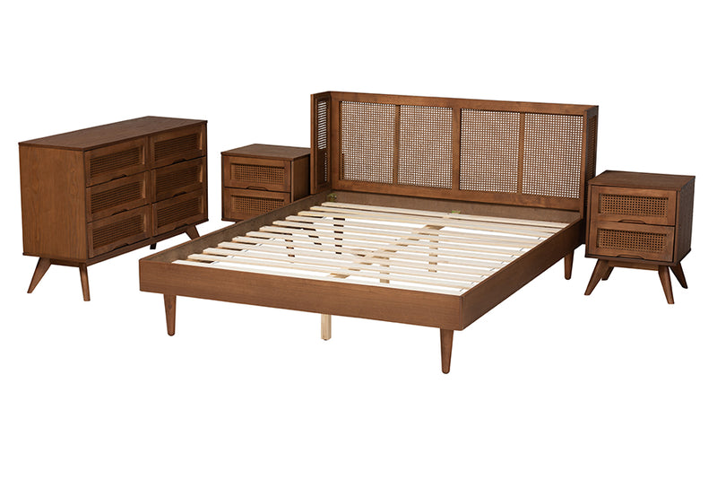 Sedona Mid-Century Modern Ash Walnut Finished Wood 4-Piece Full Size Bedroom Set w/Synthetic Rattan