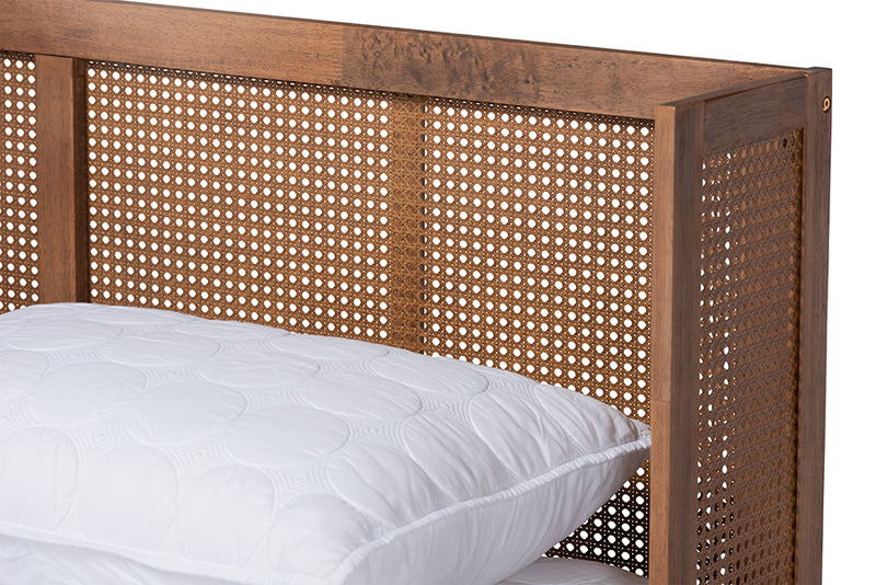 Sedona Mid-Century Modern Ash Walnut Finished Wood 4-Piece Full Size Bedroom Set w/Synthetic Rattan