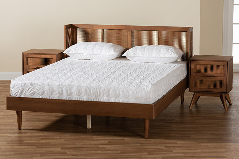 Sedona Mid-Century Modern Ash Walnut Finished Wood 3-Piece Full Size Bedroom Set w/Synthetic Rattan