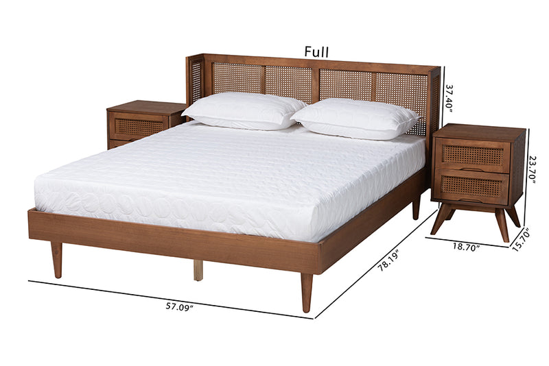 Sedona Mid-Century Modern Ash Walnut Finished Wood 3-Piece Full Size Bedroom Set w/Synthetic Rattan