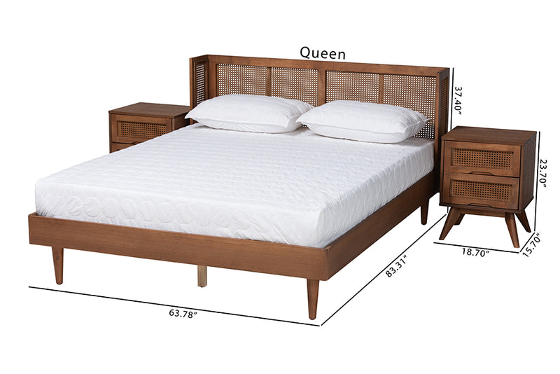 Sedona Mid-Century Modern Ash Walnut Finished Wood 3-Piece Full Size Bedroom Set w/Synthetic Rattan