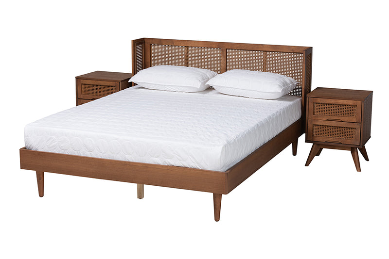 Sedona Mid-Century Modern Ash Walnut Finished Wood 3-Piece Full Size Bedroom Set w/Synthetic Rattan