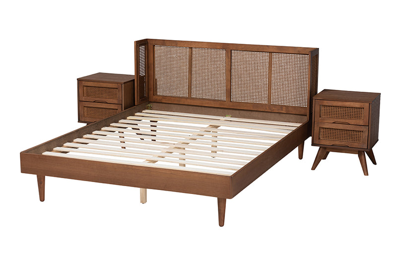 Sedona Mid-Century Modern Ash Walnut Finished Wood 3-Piece Full Size Bedroom Set w/Synthetic Rattan