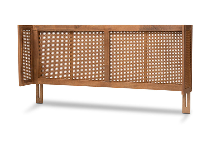 Sedona Mid-Century Modern Ash Wanut Finished Wood and Synthetic Rattan King Size Wrap-Around Headboard