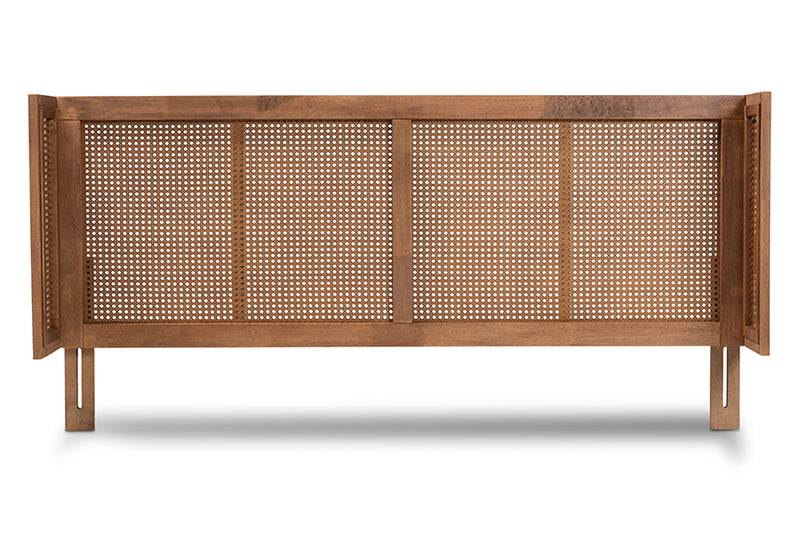 Sedona Mid-Century Modern Ash Wanut Finished Wood and Synthetic Rattan King Size Wrap-Around Headboard
