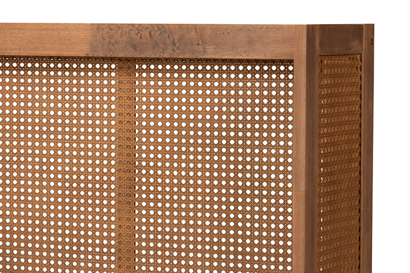 Sedona Mid-Century Modern Ash Wanut Finished Wood and Synthetic Rattan Full Size Wrap-Around Headboard