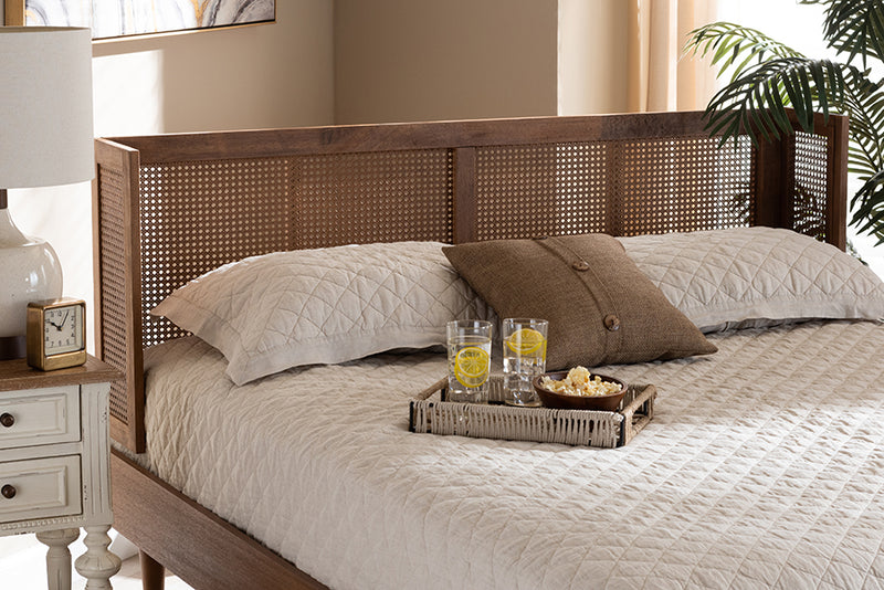 Sedona Mid-Century Modern Ash Wanut Finished Wood and Synthetic Rattan King Size Wrap-Around Headboard