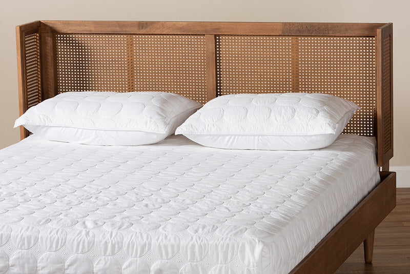 Sedona Mid-Century Modern Ash Wanut Finished Wood and Synthetic Rattan King Size Wrap-Around Headboard